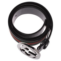 مملوكة مسبقًا Gucci Black/Green Web Leather Interlocking GG Belt 100CM