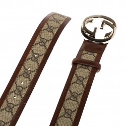 مملوكة مسبقًا Gucci Brown/Beige GG Supreme Canvas and Leather Interlocking G Buckle Belt 95CM
