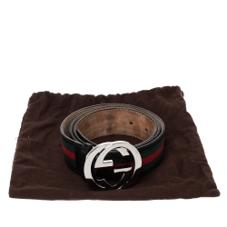 Pre Owned حزام غوتشي بإبزيم جي جي متداخل جلد و كانفاس أحمر و أخضر 95 سم