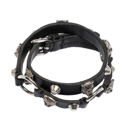 Pre Owned Gucci Aged Silver Tone Feline Head Studded Leather Choker