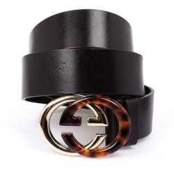 Pre Owned Gucci Black Leather Interlocking G Buckle Belt