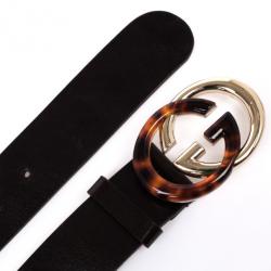 Pre Owned Gucci Black Leather Interlocking G Buckle Belt