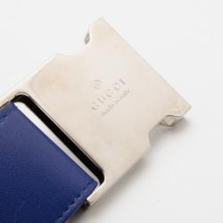 Pre Owned Gucci Blue Leather Silver Buckle Belt