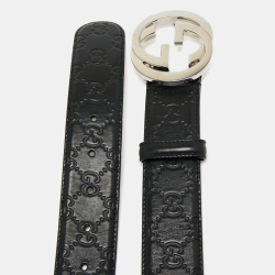 Pre Owned Gucci Black Guccissima Leather Interlocking G Buckle Belt 90 CM