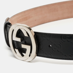 مملوكة مسبقًا Gucci Black Guccissima Leather Interlocking G Belt 90CM