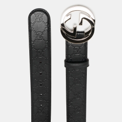 مملوكة مسبقًا Gucci Black Guccissima Leather Interlocking G Belt 90CM