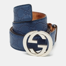 Pre Owned Gucci Blue Guccissima Leather Interlocking G Buckle Belt 100CM