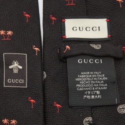 Pre Owned Gucci Black Flamingos Silk Traditional Tie