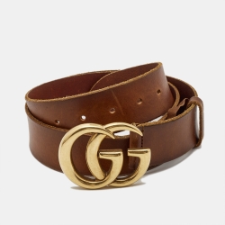 Pre Owned Gucci Brown Leather GG Marmont Buckle Belt 95CM