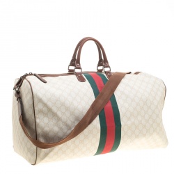 Gucci Light Beige GG Supreme Canvas Web Duffle Bag