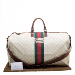 Gucci Light Beige GG Supreme Canvas Web Duffle Bag