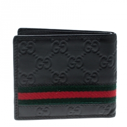 Pre Owned Gucci Black Guccissima Leather Web Bifold Wallet
