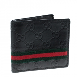 Pre Owned Gucci Black Guccissima Leather Web Bifold Wallet