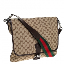 Gucci Beige/Brown GG Canvas and Leather Web Flap Messenger Bag