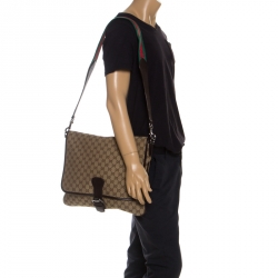 Gucci Beige/Brown GG Canvas and Leather Web Flap Messenger Bag