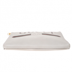 Gucci White Leather Logo Print Zip Pouch
