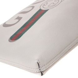 Gucci White Leather Logo Print Zip Pouch