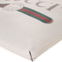 Gucci White Leather Logo Print Zip Pouch