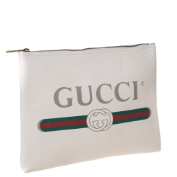 Gucci White Leather Logo Print Zip Pouch