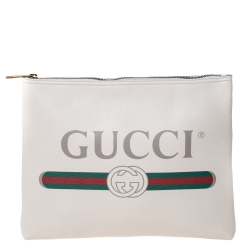 Gucci White Leather Logo Print Zip Pouch
