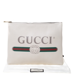 Gucci White Leather Logo Print Zip Pouch
