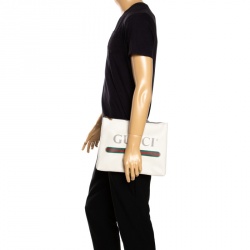 Gucci White Leather Logo Print Zip Pouch