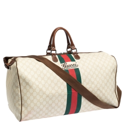 Gucci Ivory/Brown GG Supreme Canvas and Leather Large Web Carry On Duffel Bag