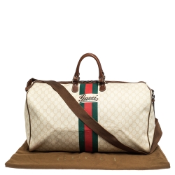 Gucci Ivory/Brown GG Supreme Canvas and Leather Large Web Carry On Duffel Bag