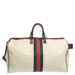 Gucci Ivory/Brown GG Supreme Canvas and Leather Large Web Carry On Duffel Bag