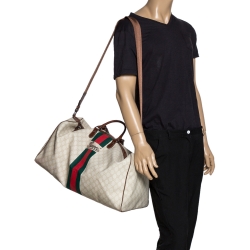 Gucci Ivory/Brown GG Supreme Canvas and Leather Large Web Carry On Duffel Bag