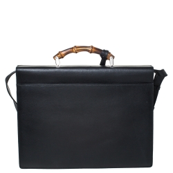 Pre Owned Gucci Black Leather Bamboo Handle Briefcase