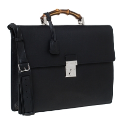 Pre Owned Gucci Black Leather Bamboo Handle Briefcase