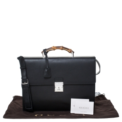 Pre Owned Gucci Black Leather Bamboo Handle Briefcase