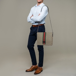Gucci Beige GG Supreme Canvas Web Flap Messenger Bag