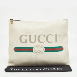 Gucci Off White Leather Logo Print Zip Pouch