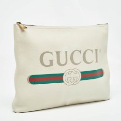 Gucci Off White Leather Logo Print Zip Pouch