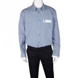 Gucci Blue and White Striped Cotton Logo Embroidered Pocket Detail Slim Fit Shirt 4XL