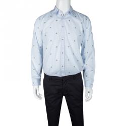 Gucci Blue and White Checked Bee Embroidered Button Front Long Sleeve Shirt L