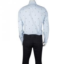 Gucci Blue and White Checked Bee Embroidered Button Front Long Sleeve Shirt L