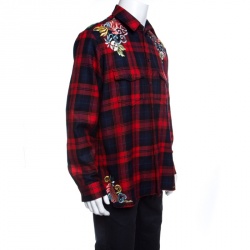 Pre Owned قميص غوتشي صوف كاروهات أحمر تارتان و تطريز دراغون XL