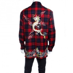 Pre Owned قميص غوتشي صوف كاروهات أحمر تارتان و تطريز دراغون XL