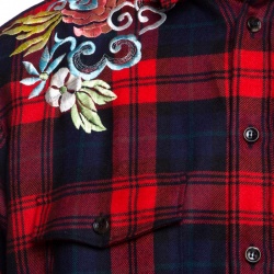 Pre Owned قميص غوتشي صوف كاروهات أحمر تارتان و تطريز دراغون XL