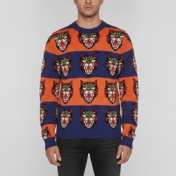 Pre Owned Gucci Multicolor Stripe Intarsia Knit Angry Cat Sweater XS