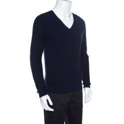 Gucci Dark Blue Textured Wool V Neck Sweater M