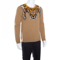 Gucci Beige Tiger Patterned Jacquard Wool Crew Neck Sweater L