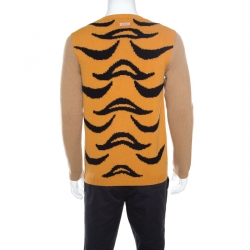 Gucci Beige Tiger Patterned Jacquard Wool Crew Neck Sweater L