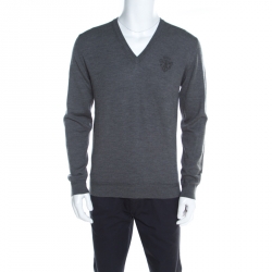 Gucci Grey Rib Knit Wool V Neck Long Sleeve Pullover M