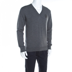 Gucci Grey Rib Knit Wool V Neck Long Sleeve Pullover M