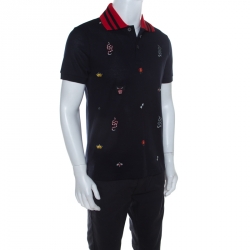 مملوكة مسبقًا Gucci Navy Blue Cotton Pique Embroidery Patch Detail Polo T Shirt M 