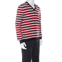Gucci Red White Navy Striped Wool V Neck Sweater L
